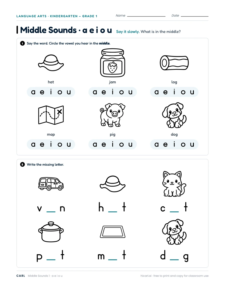 Middle vowel sound worksheets preview