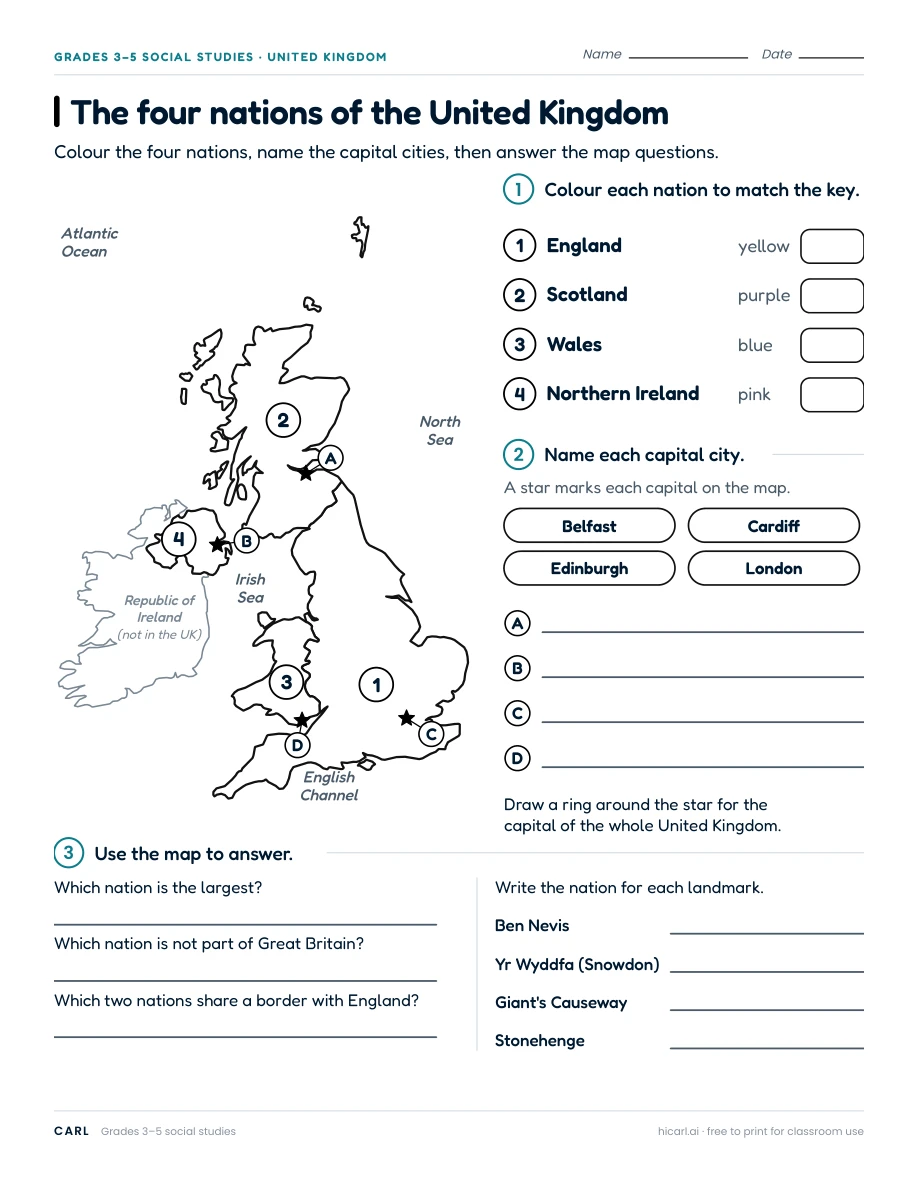 The four nations of the United Kingdom worksheet preview