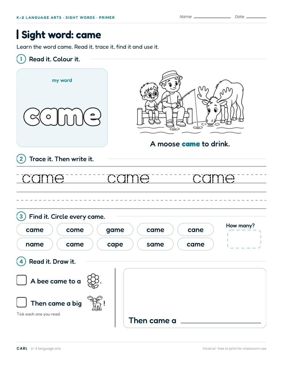 Sight word: came preview