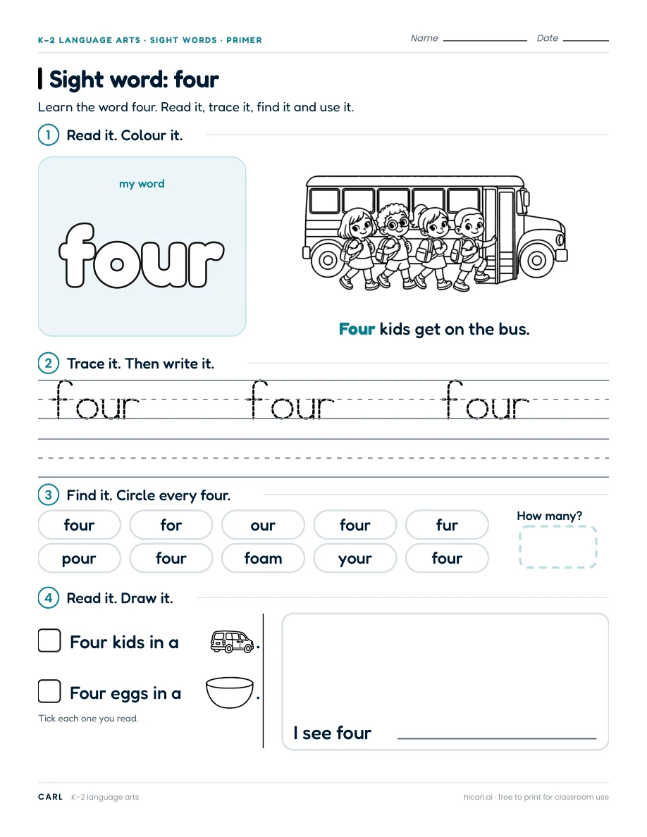 Sight word: four preview