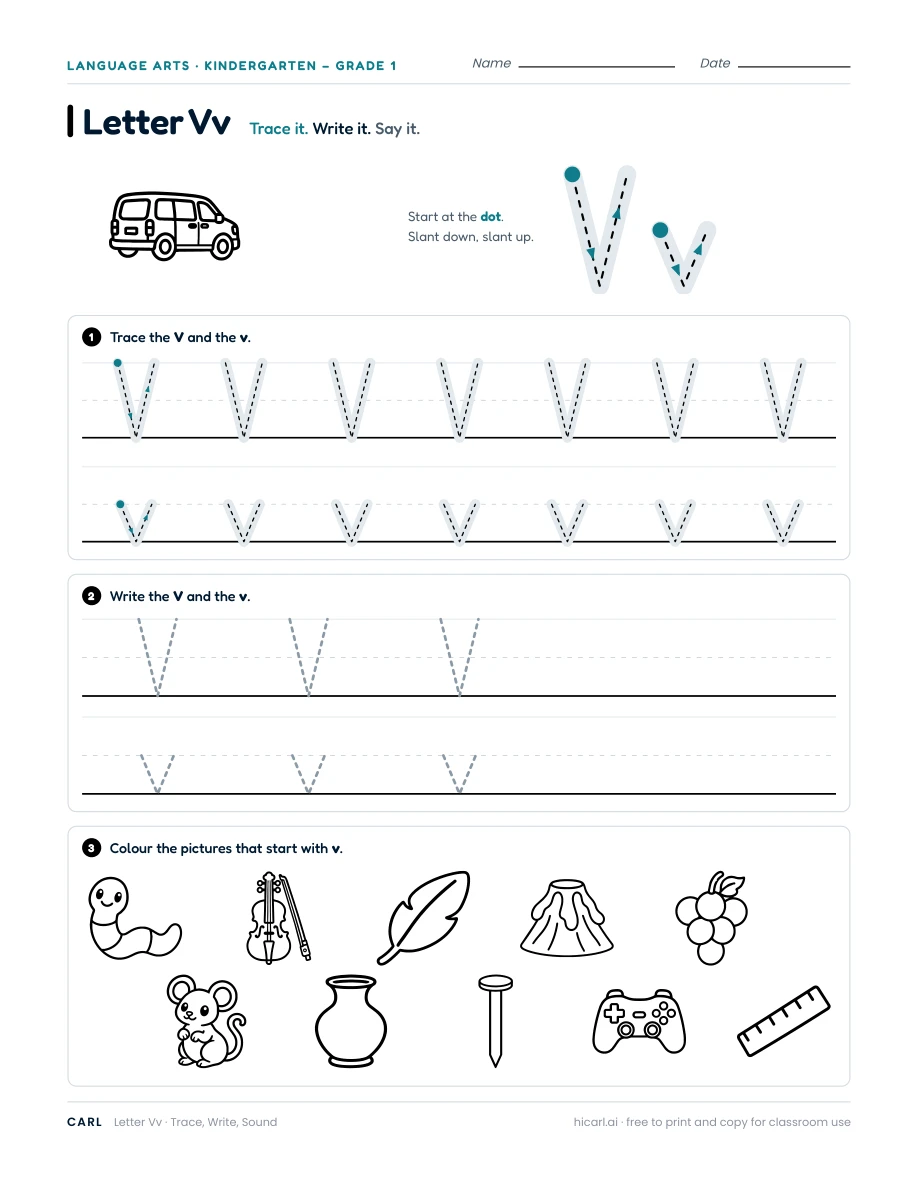 Letter V worksheet — page 1 of 1