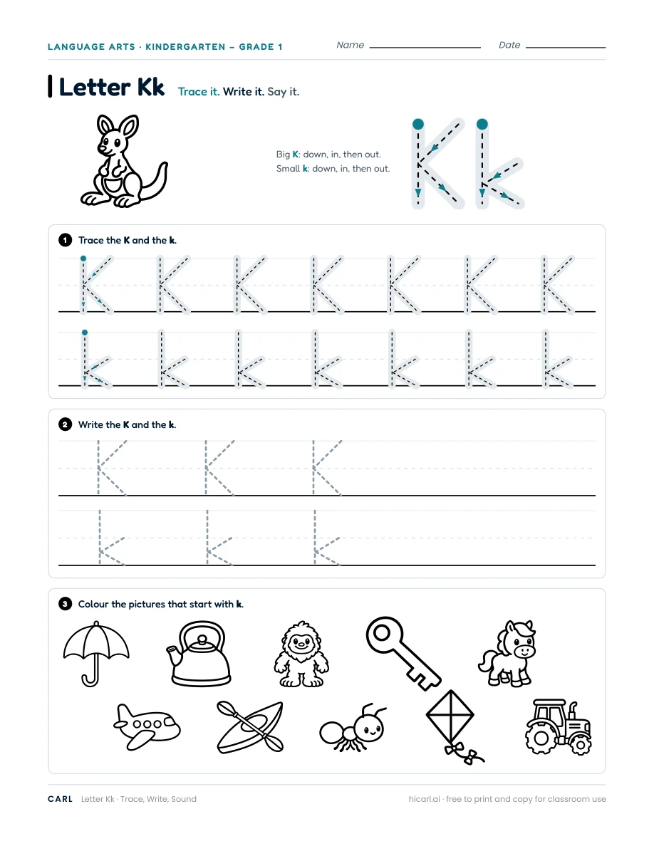Letter K worksheet — page 1 of 1