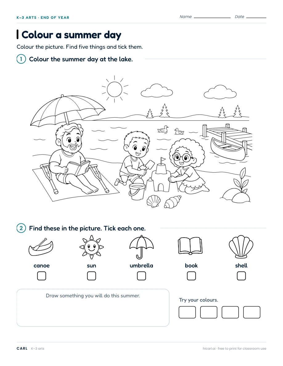 Colour a summer day worksheet preview