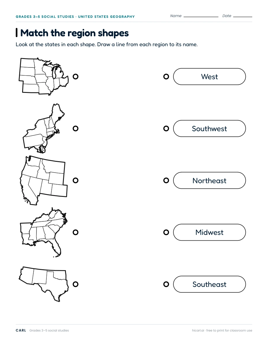 Match the region shapes: United States worksheet preview