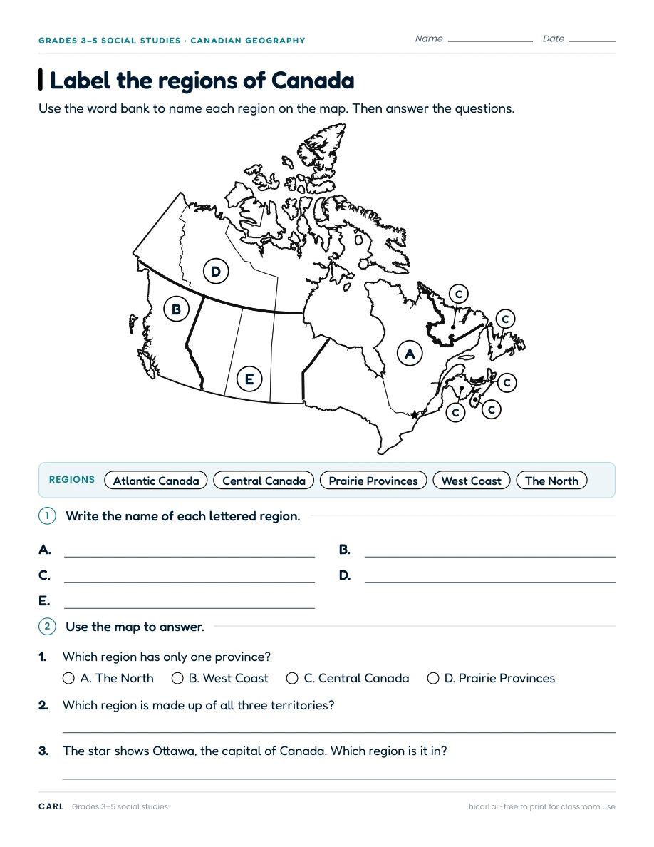 Canadian regions and research worksheets preview