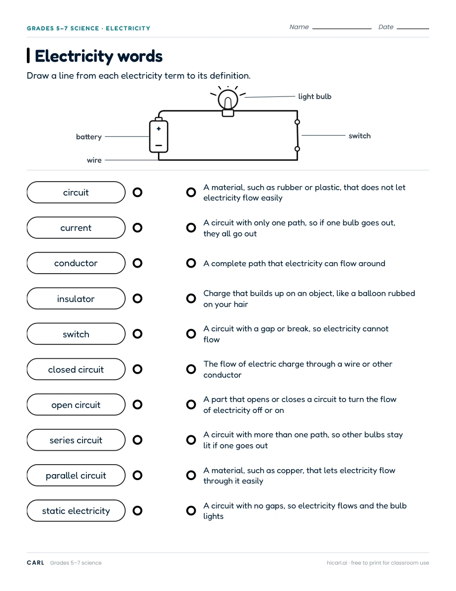 Electricity words worksheet preview