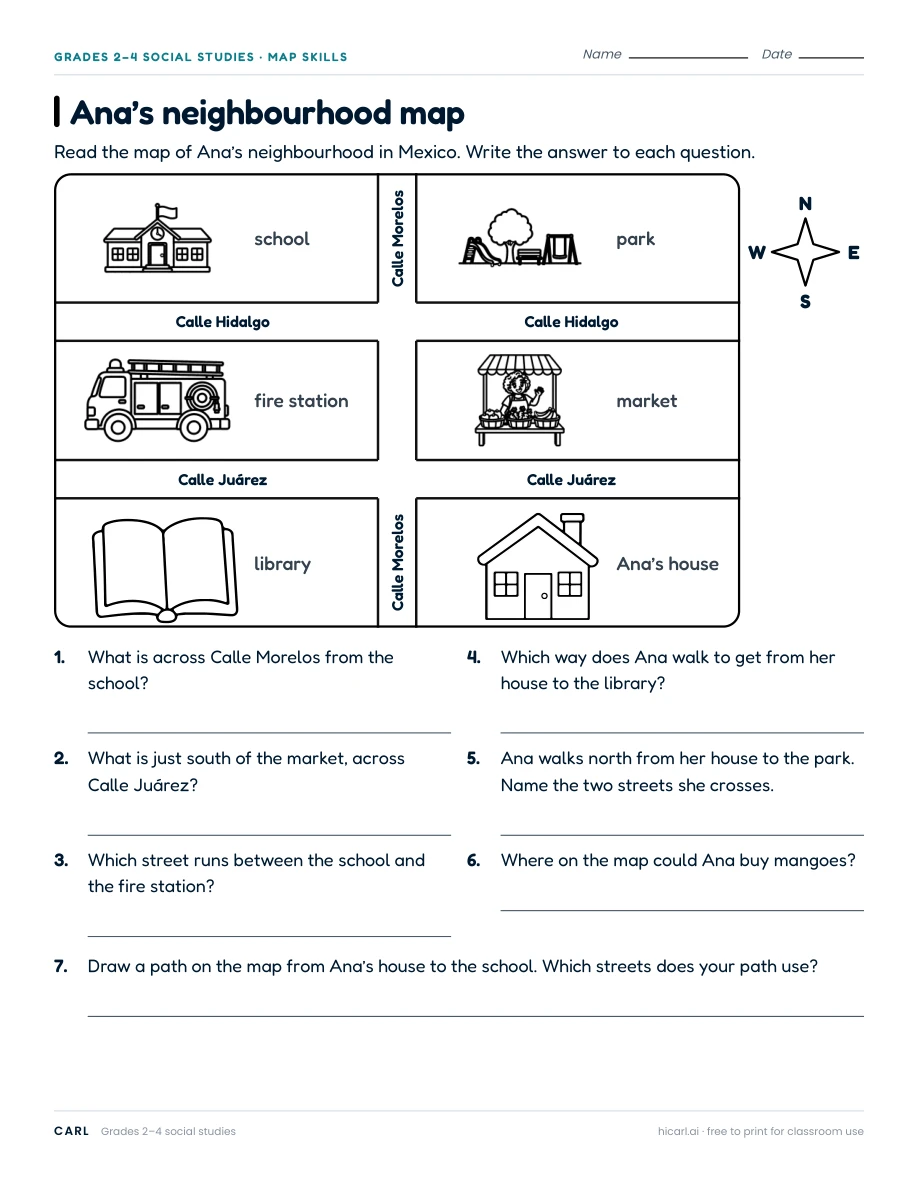 Ana’s neighbourhood map worksheet preview