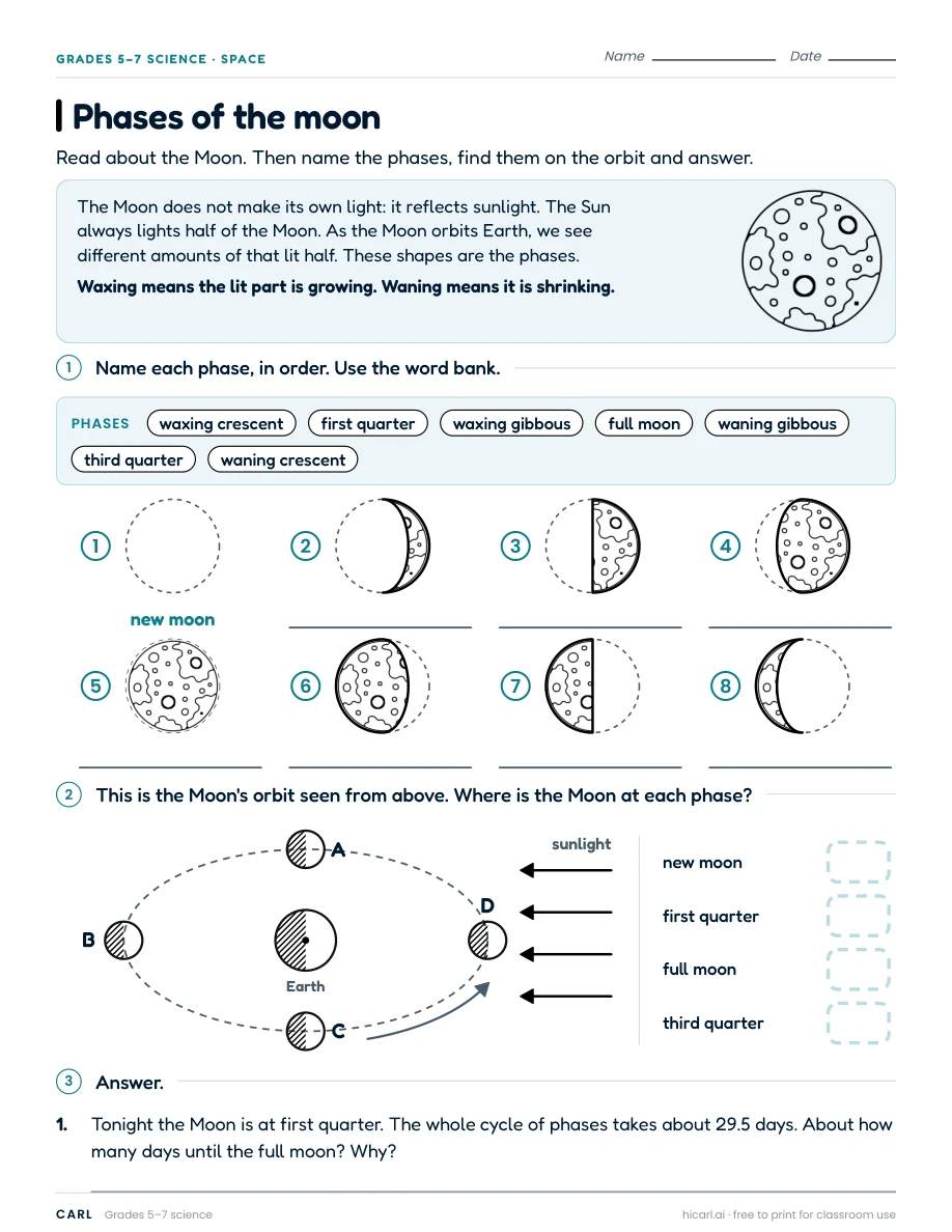 Solar system, moon and seasons worksheets preview