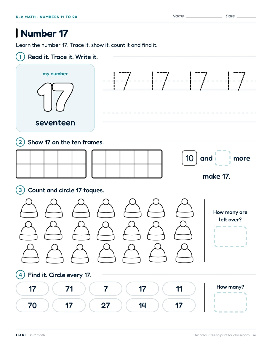 Number 17 worksheet preview