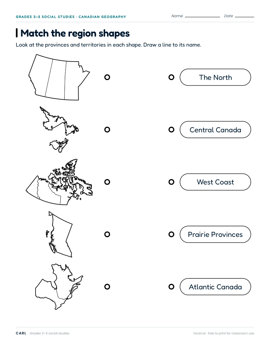 Match the region shapes: Canada worksheet preview