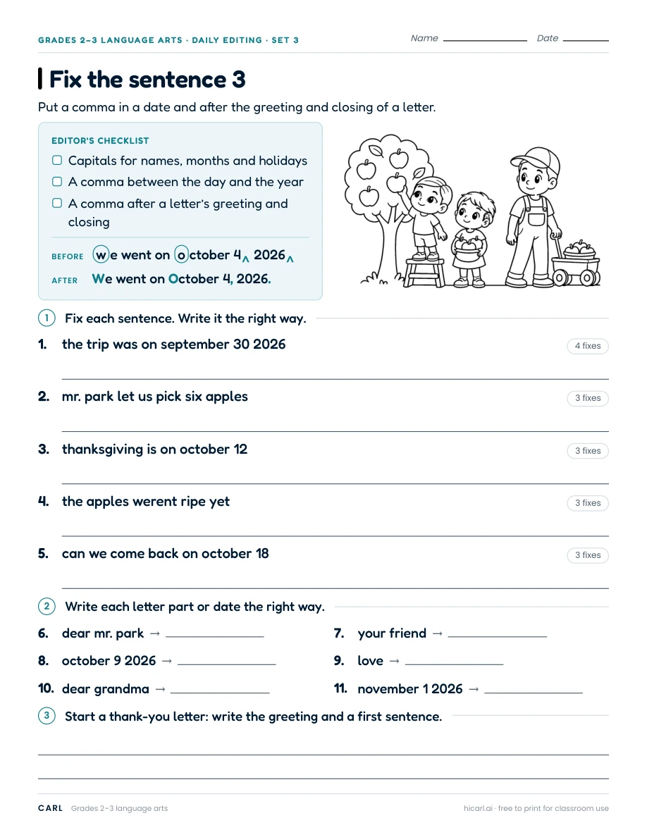 Sentence editing practice 6 (Grade 2, Grade 3) preview