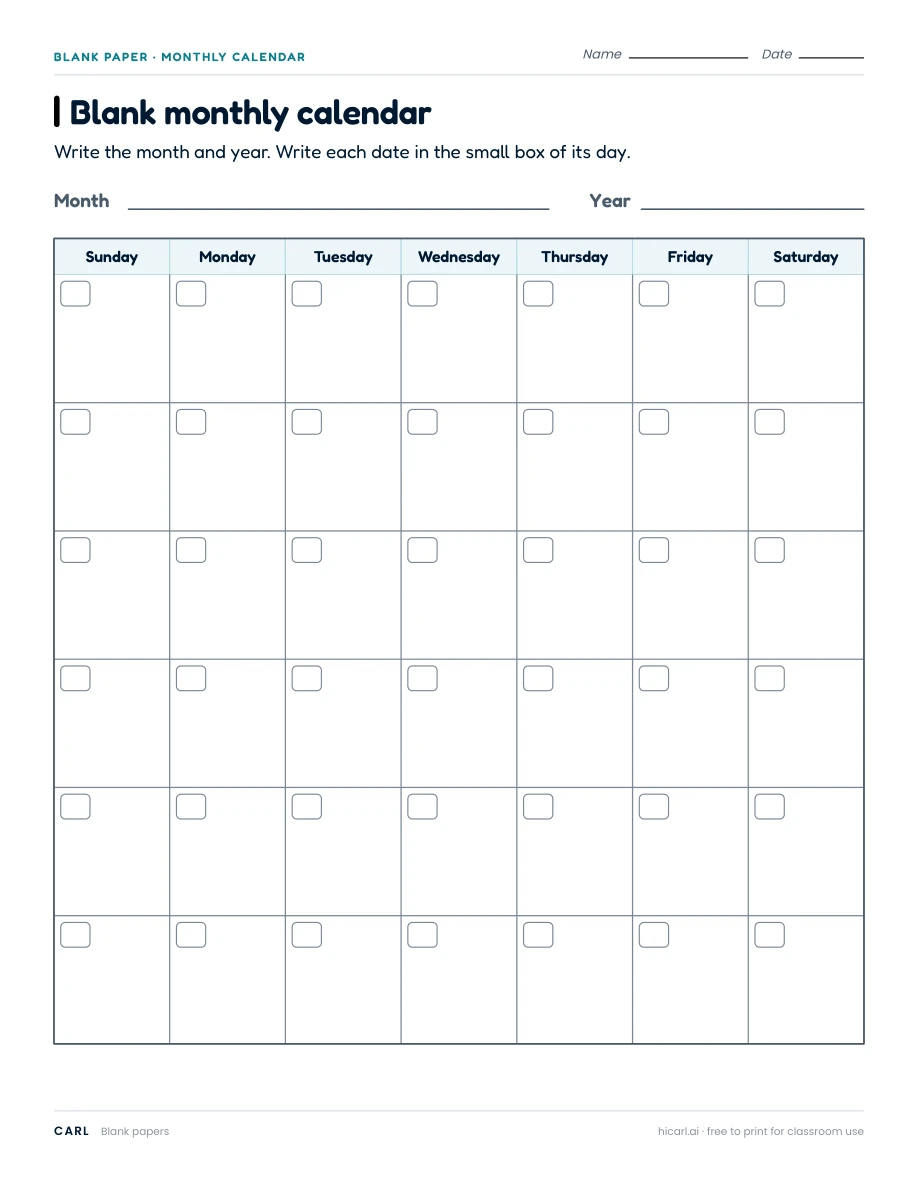 Blank monthly calendar worksheet preview