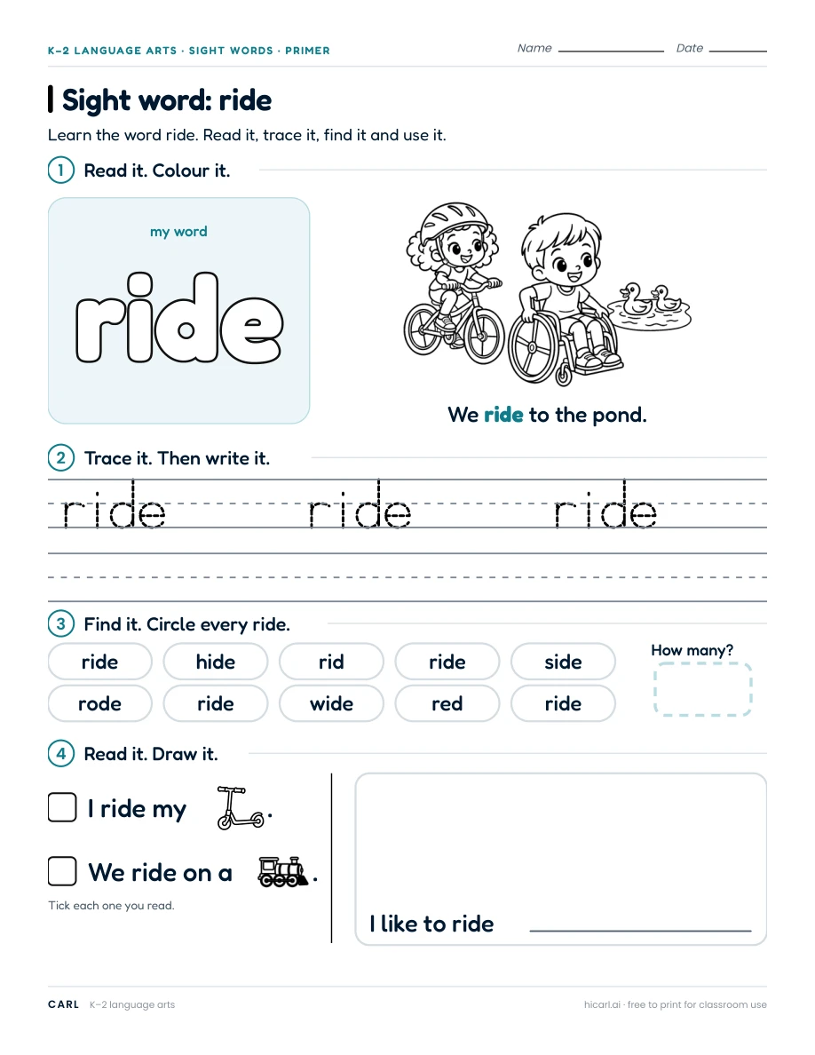 Sight word: ride preview
