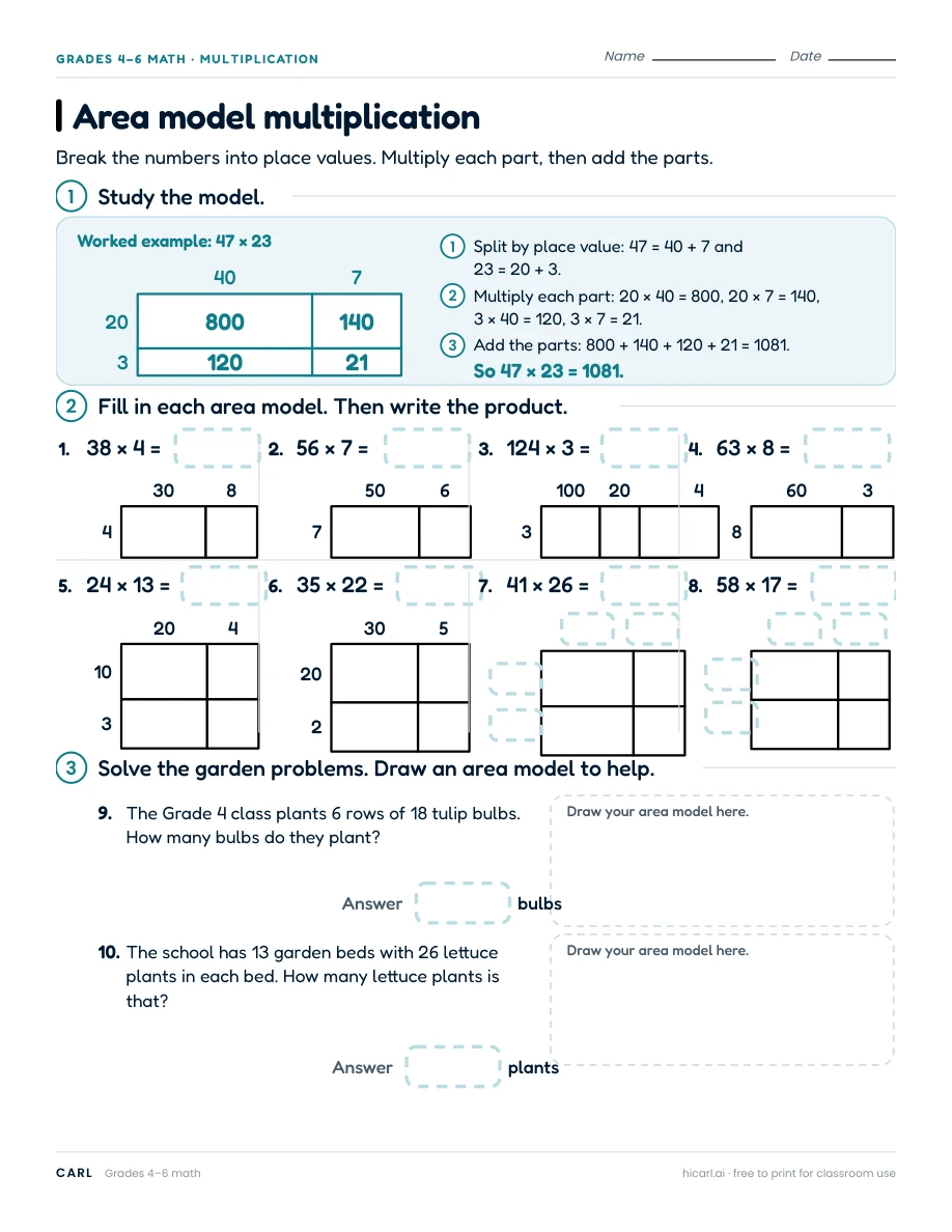Area models and partial products worksheets preview