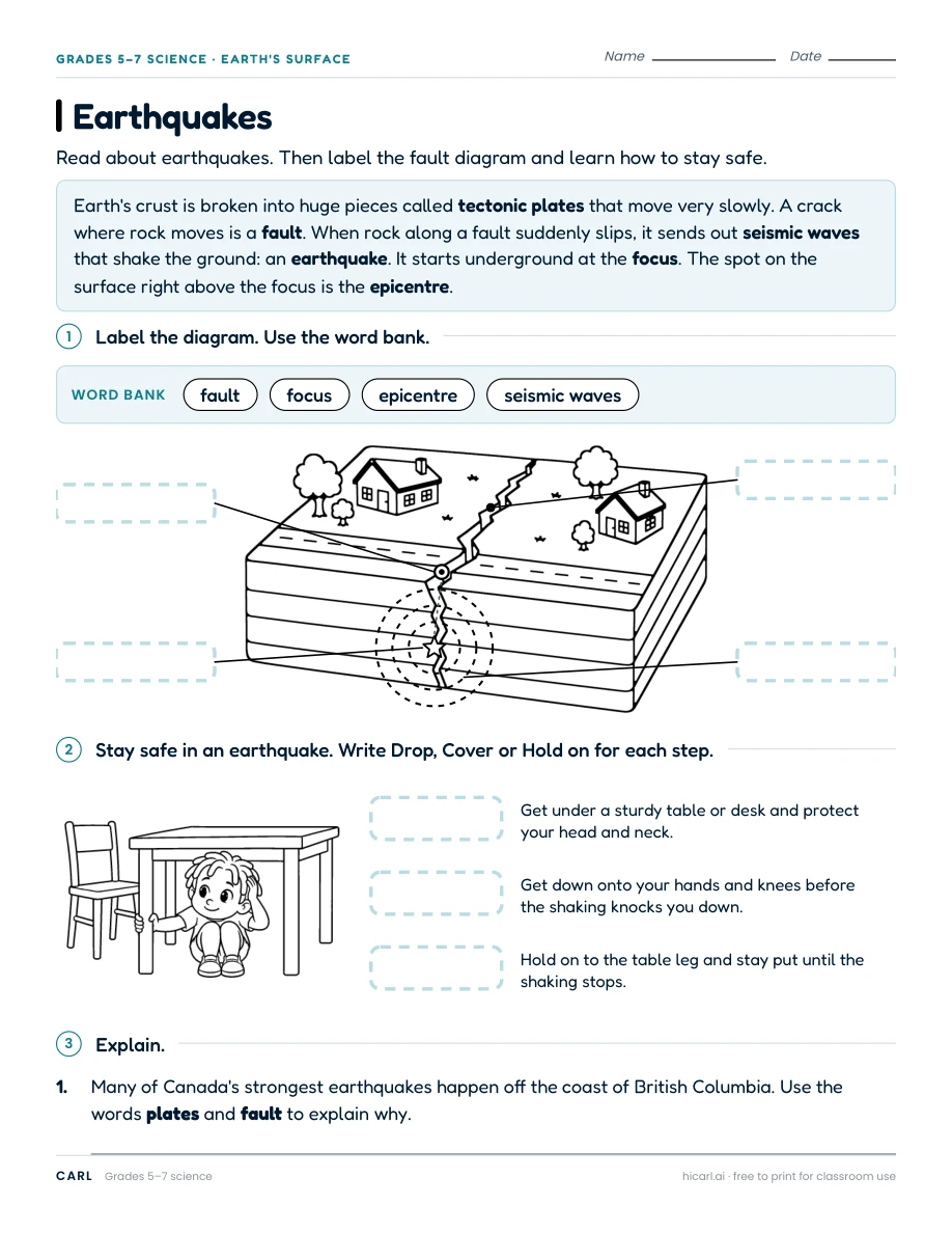 Earthquakes worksheet preview
