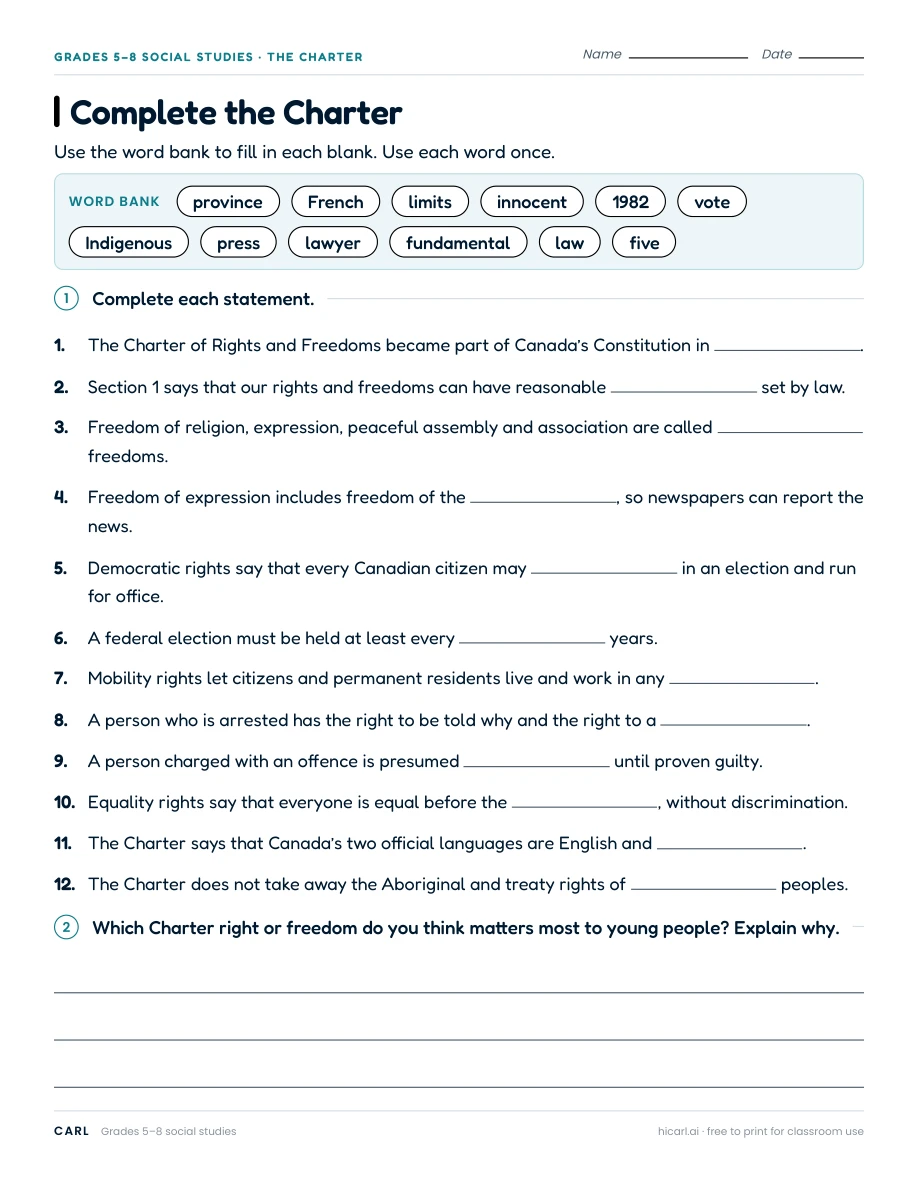 Charter rights classroom practice worksheets preview