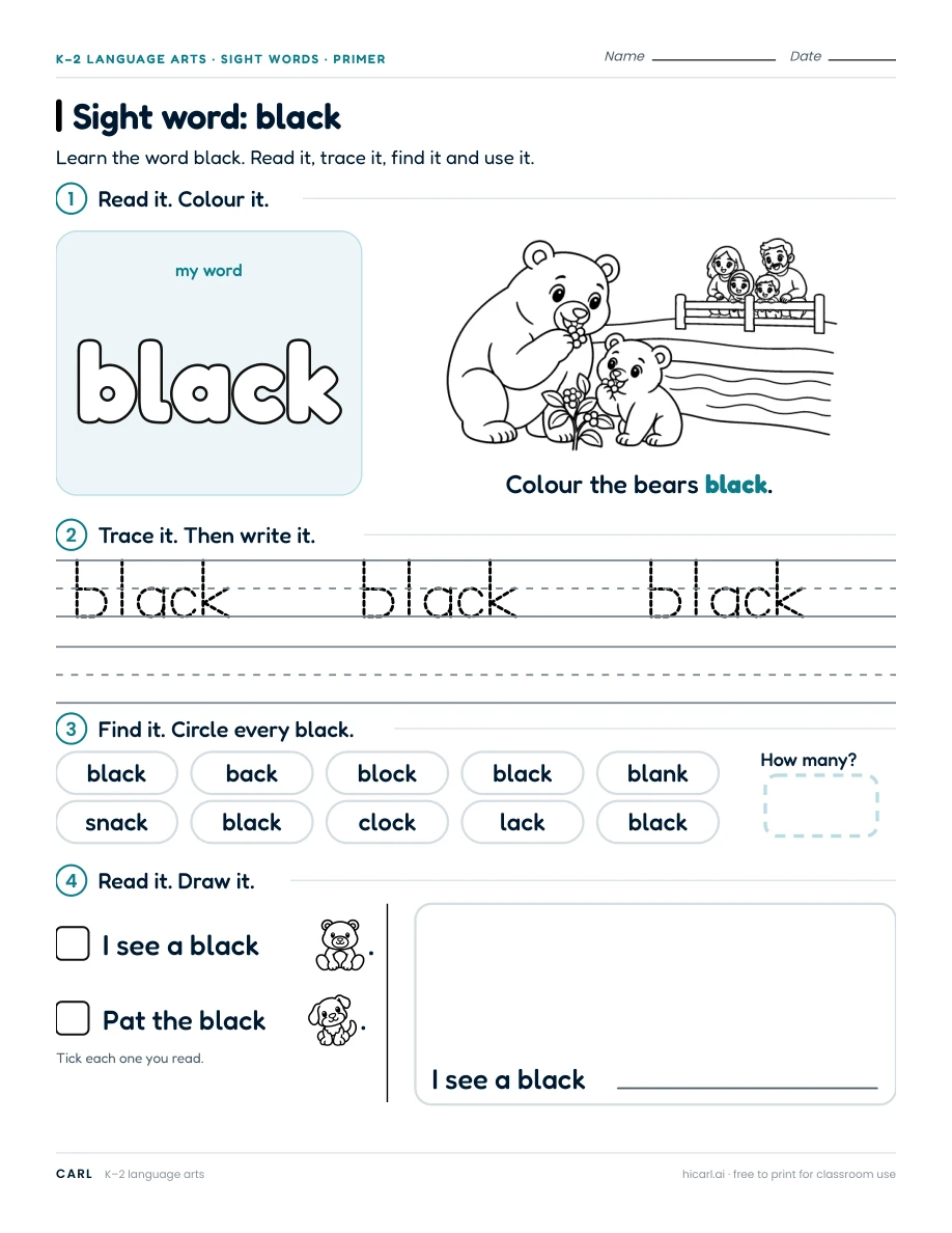 Sight word: black preview