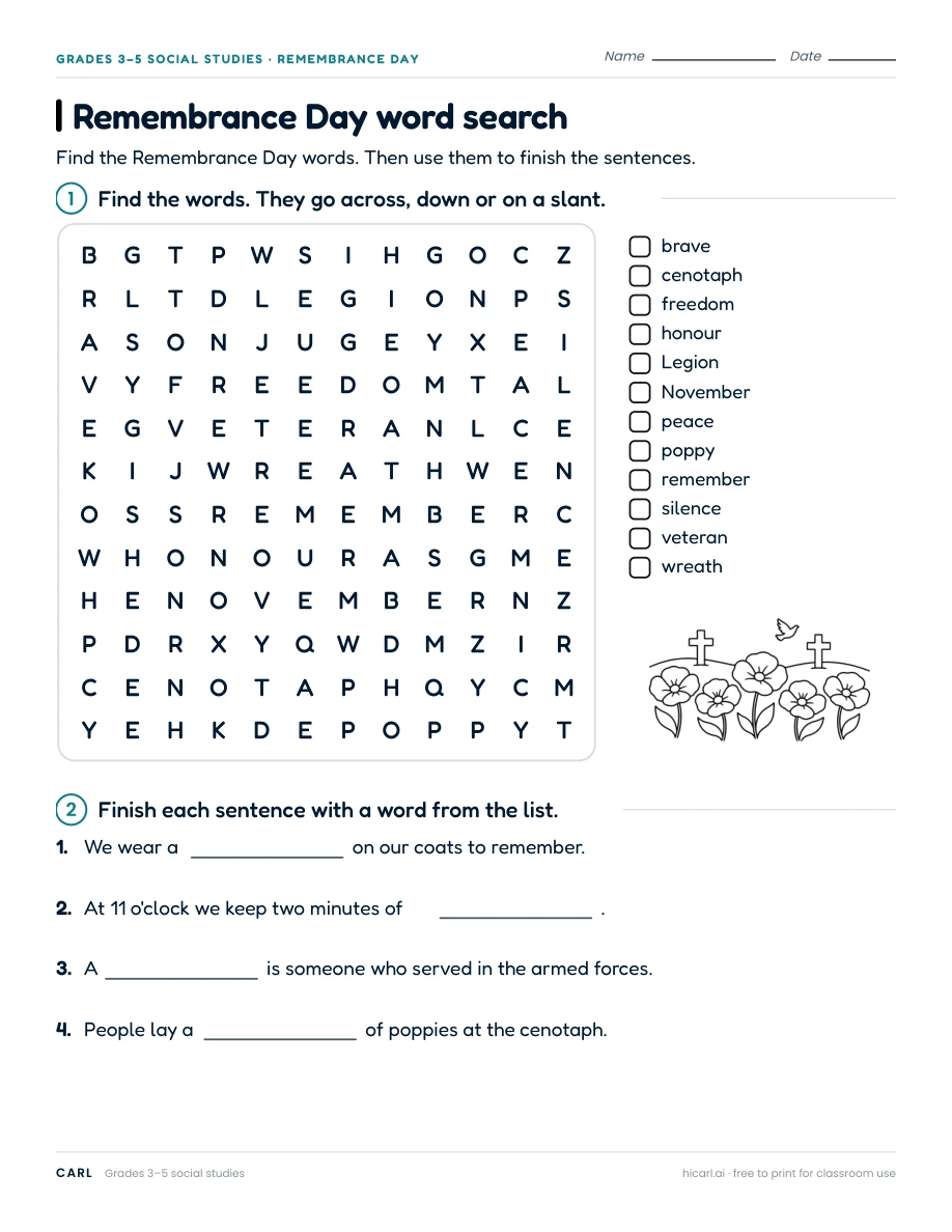 Remembrance Day word search worksheet preview