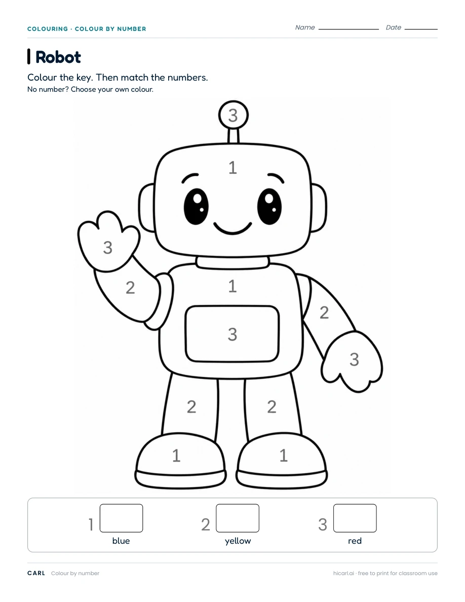 Colour by number: robot worksheet preview