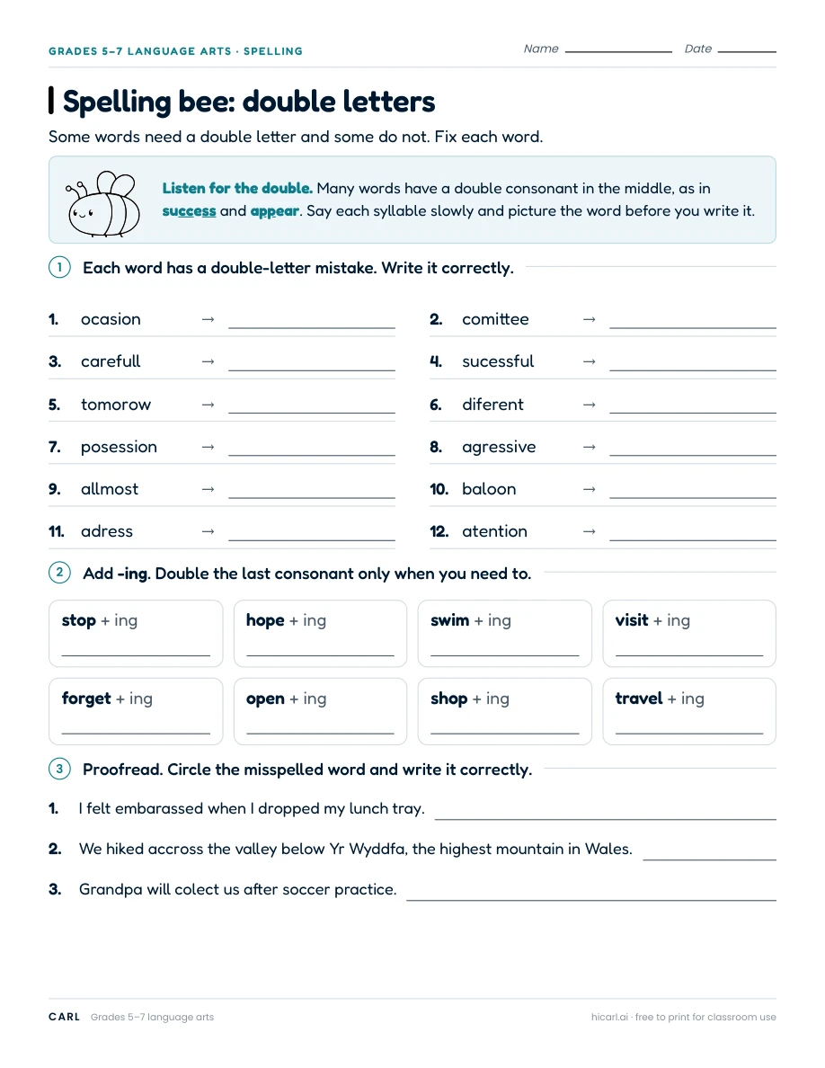 Spelling bee: double letters worksheet preview