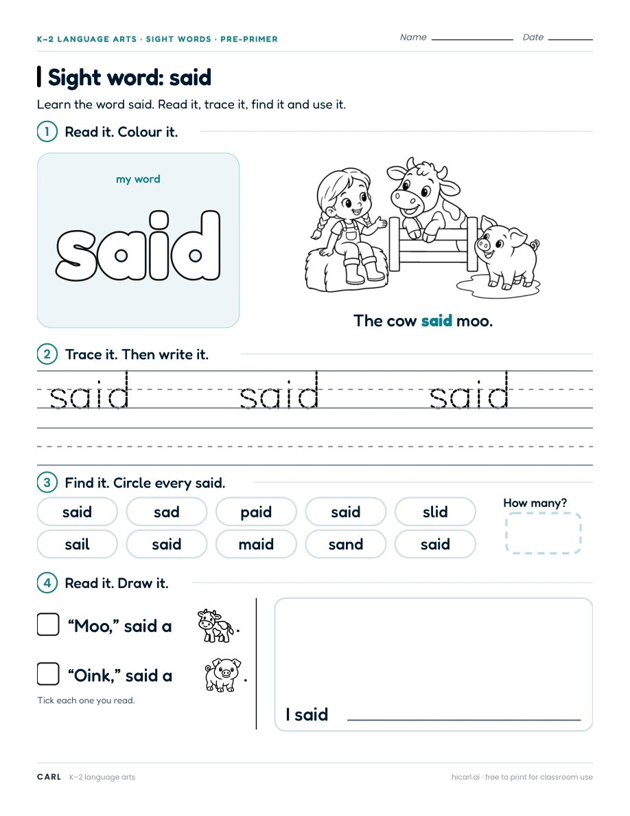 Sight word: said preview