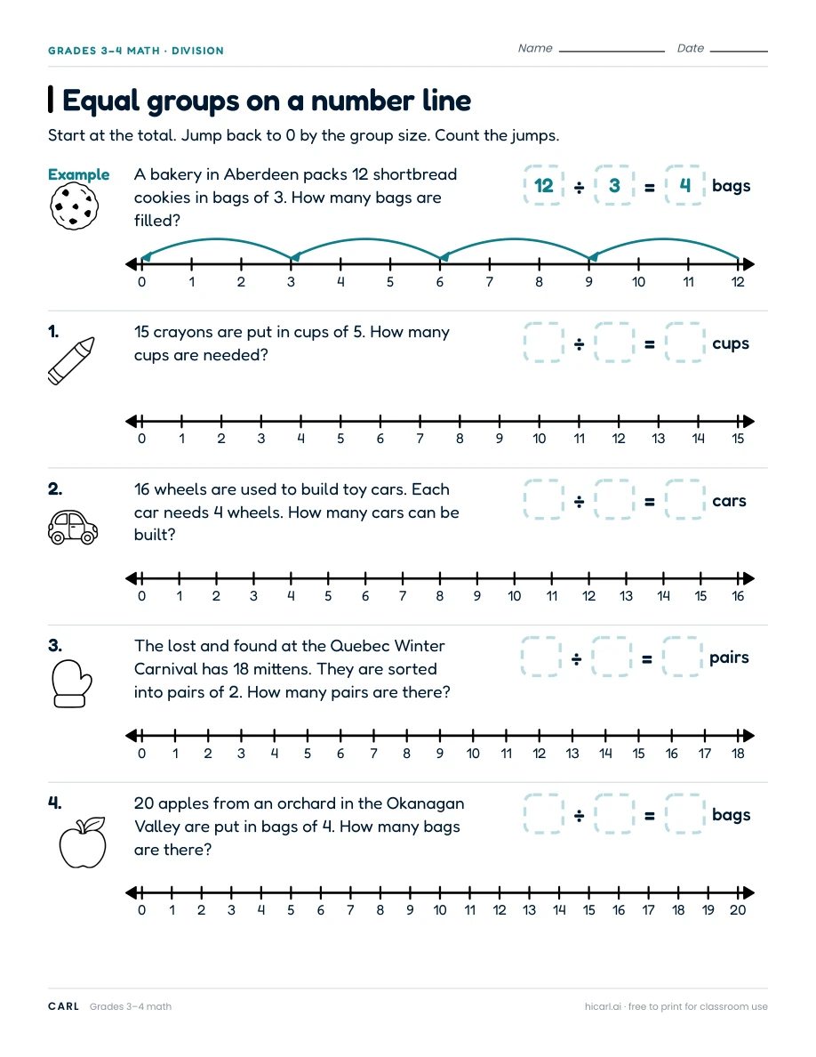 Equal groups on a number line worksheet preview