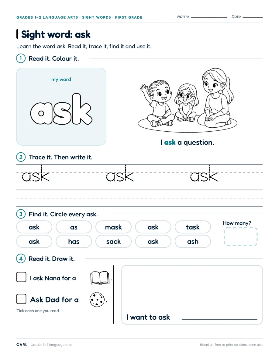 Sight word: ask preview