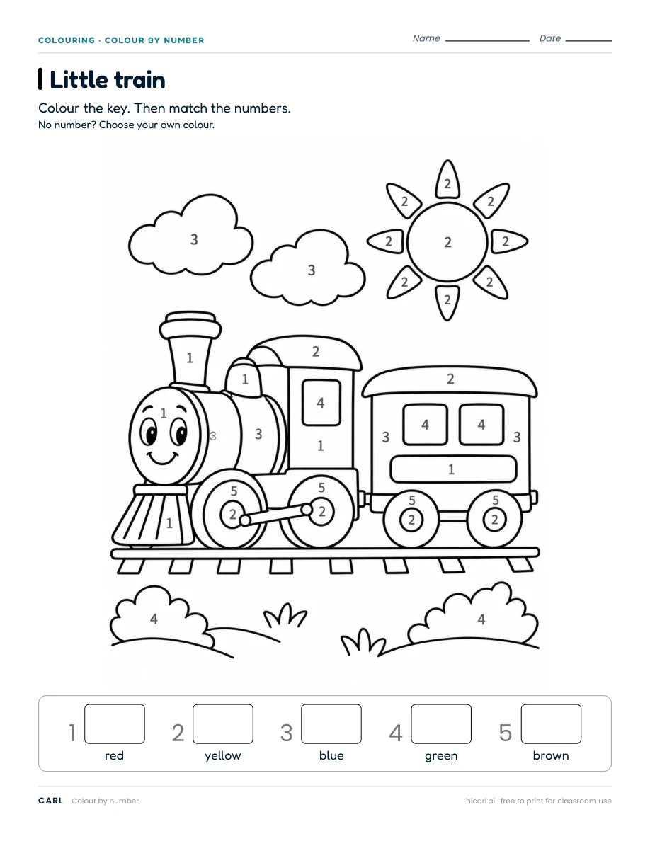 Colour by number: little train worksheet preview