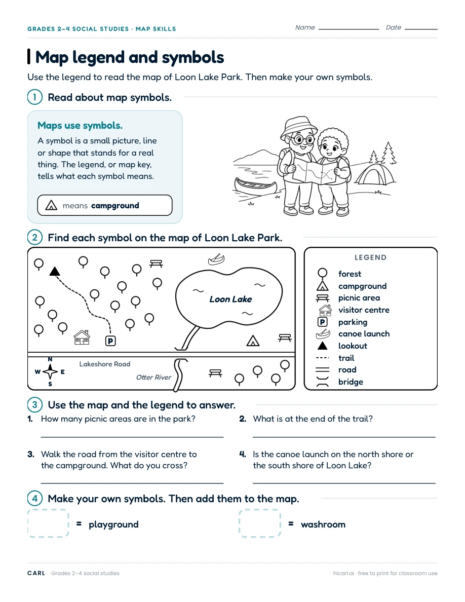 Map legend and symbols worksheet preview