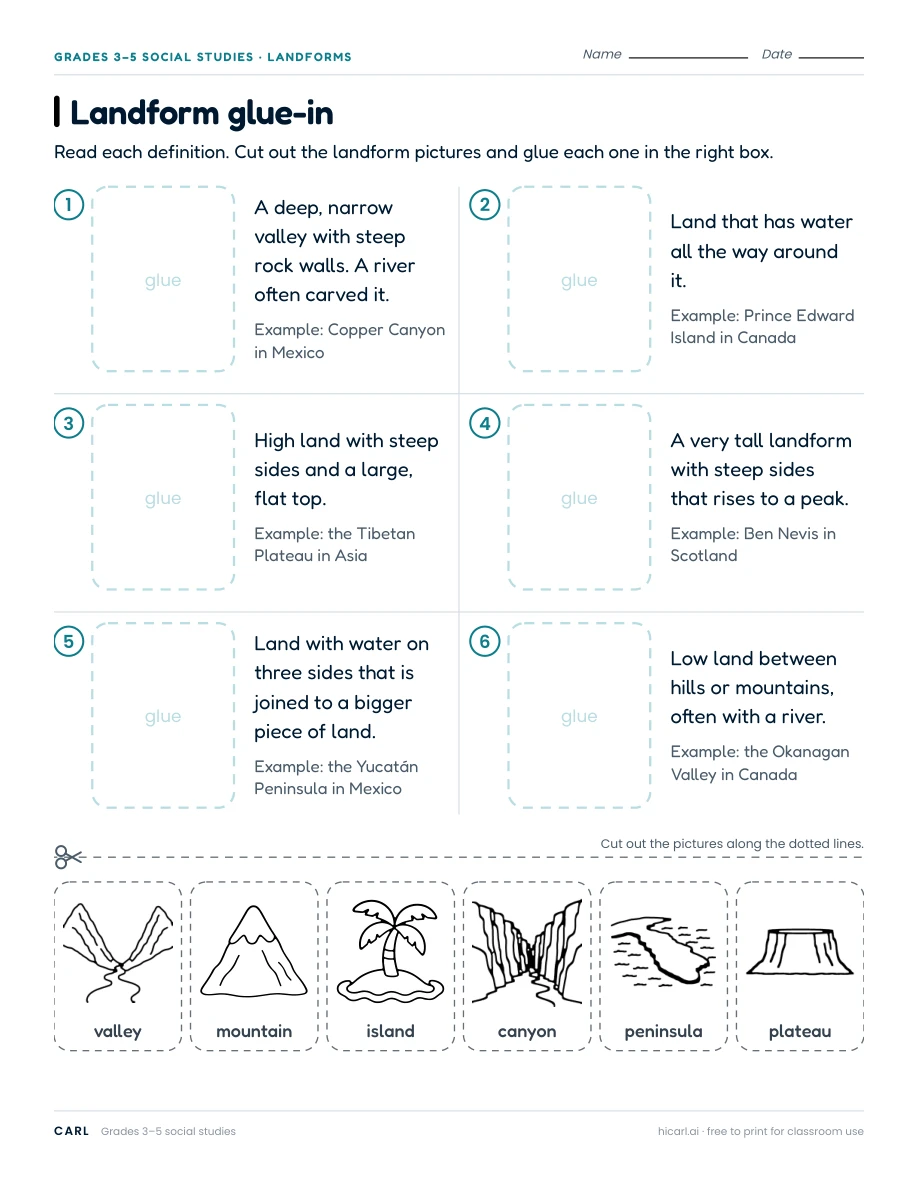 Landform pictures and names worksheets preview