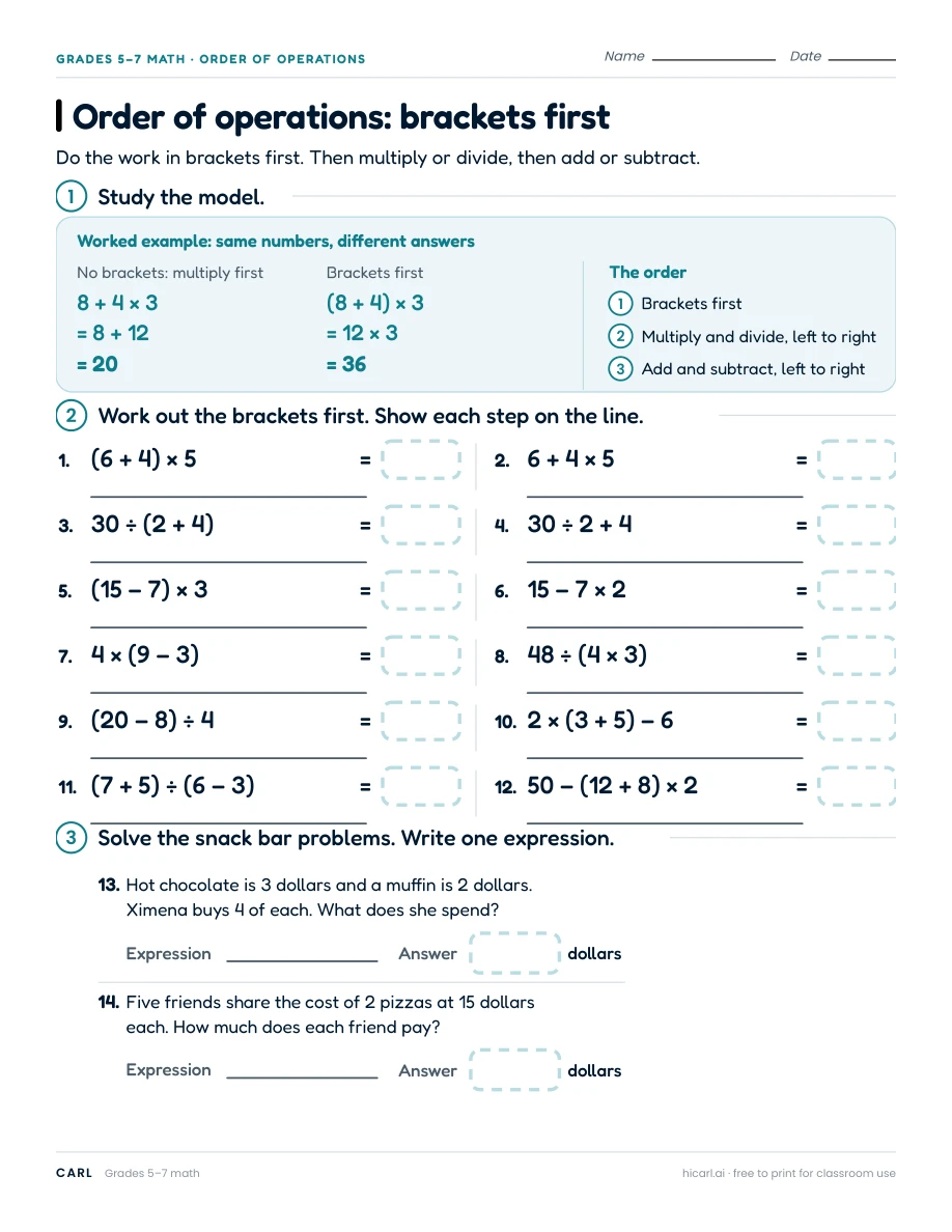 Brackets, exponents and order of operations worksheets preview