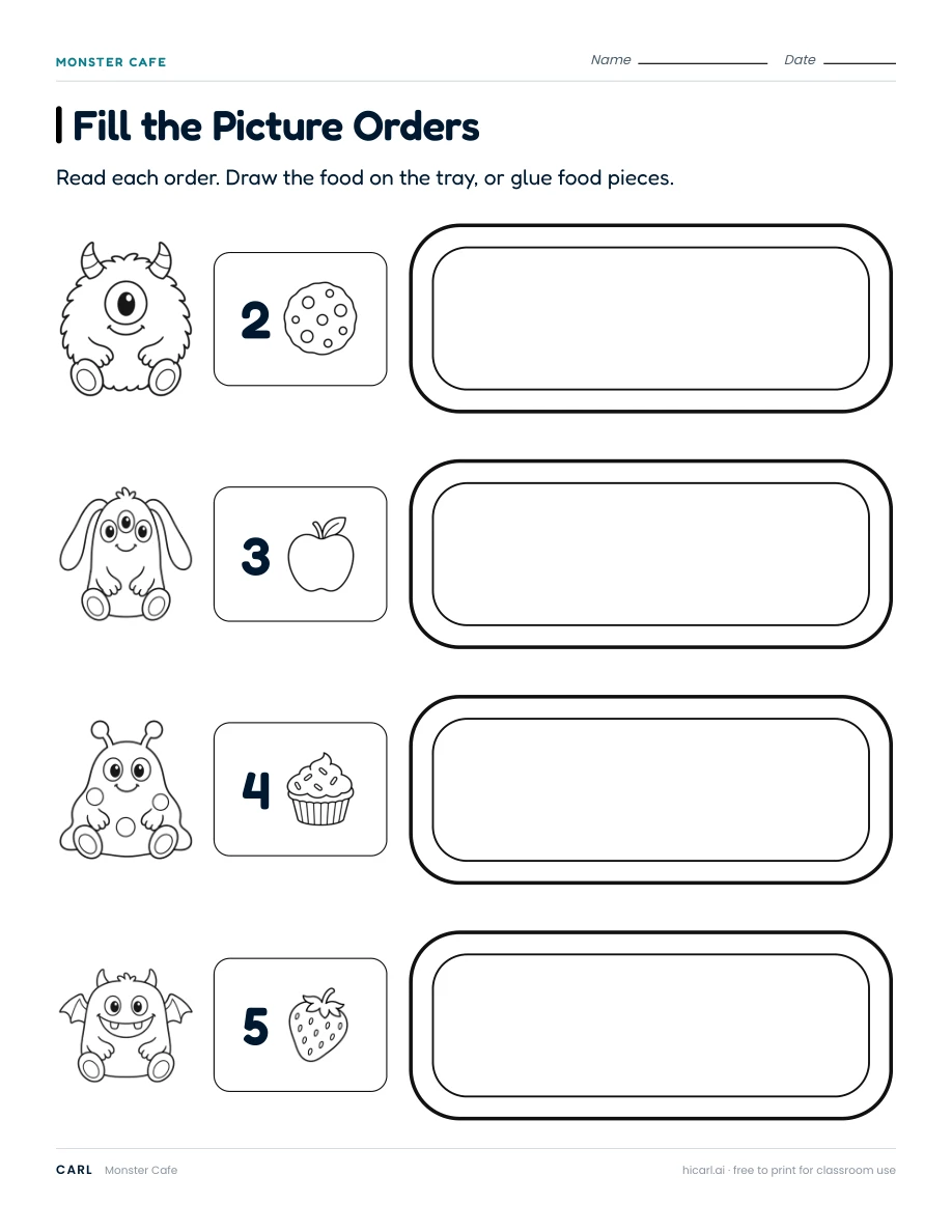 Monster Cafe: Fill the Picture Orders worksheet preview