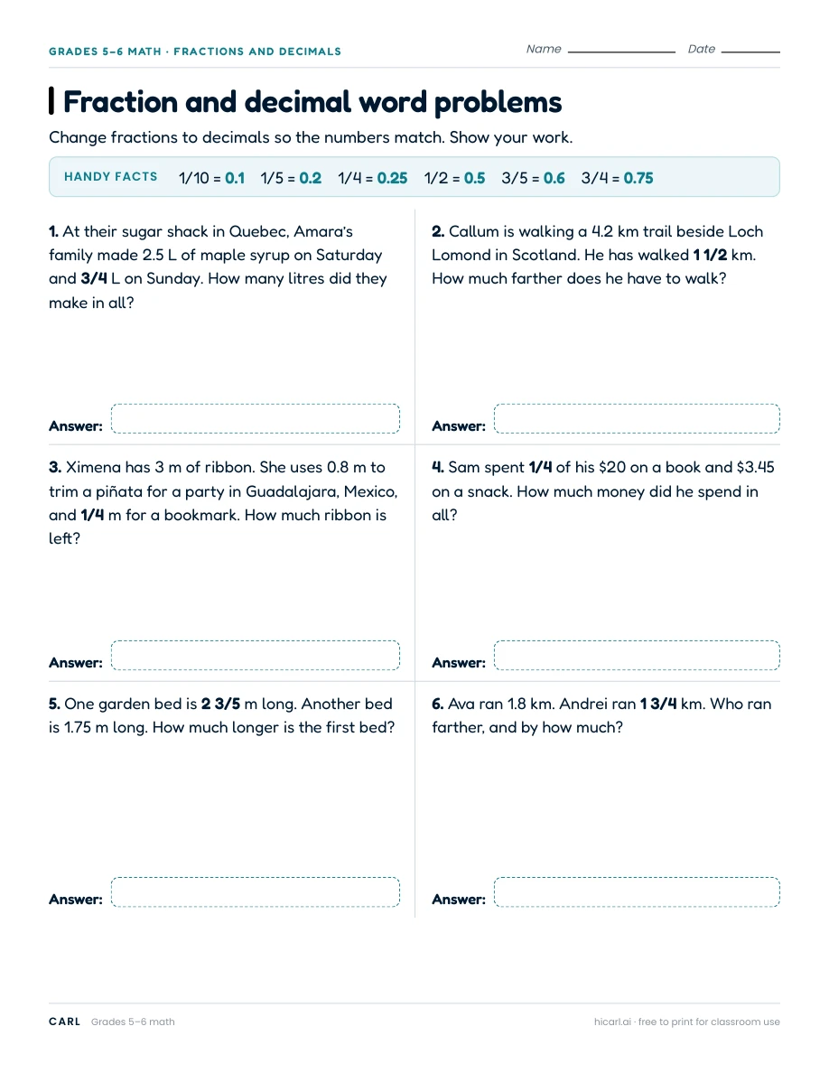 Fraction and decimal story worksheets preview