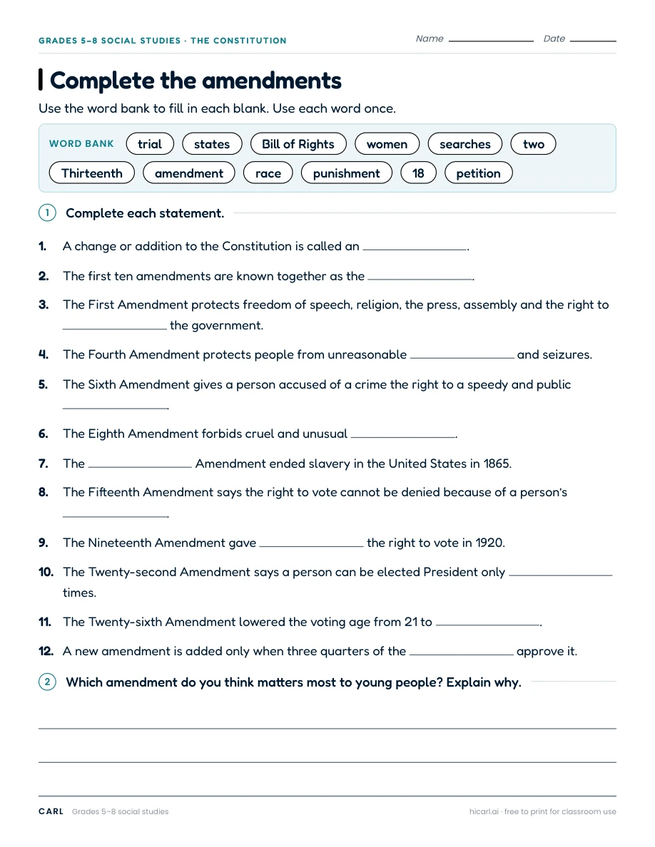 Bill of Rights classroom practice worksheets preview