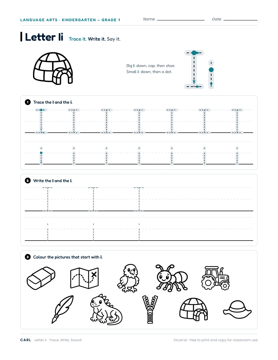 Letter I worksheet — page 1 of 1