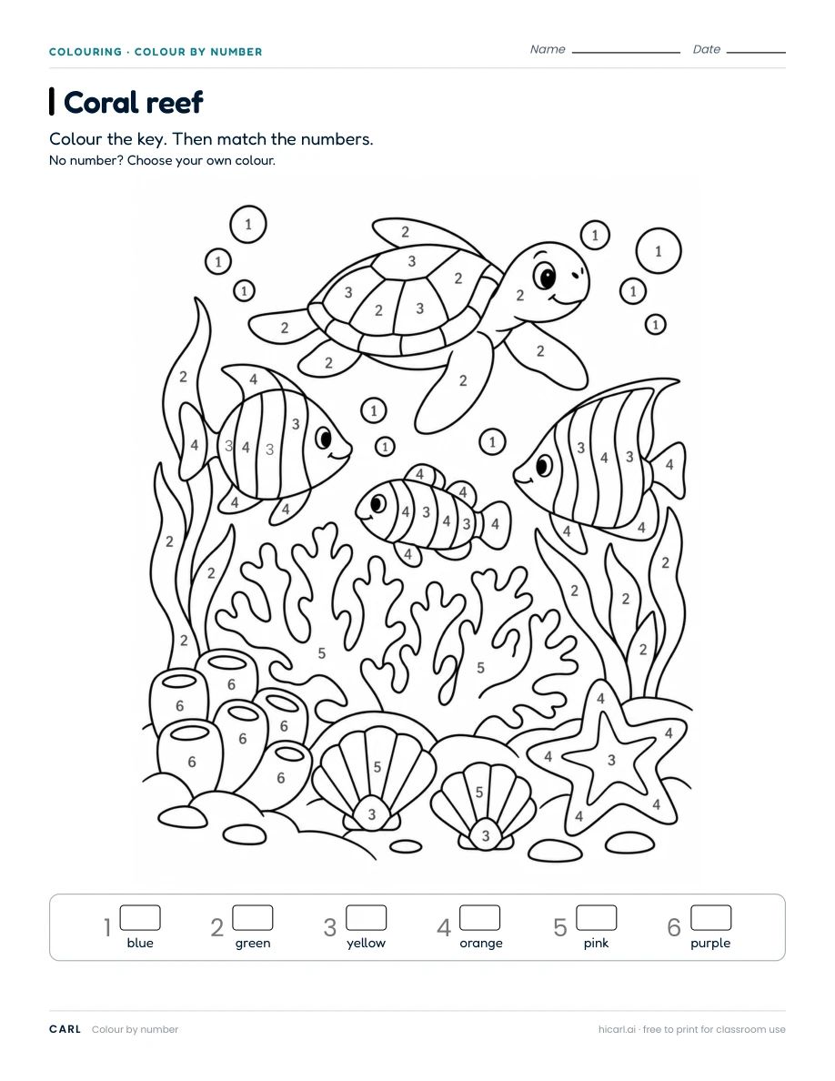 Colour by number: coral reef worksheet preview