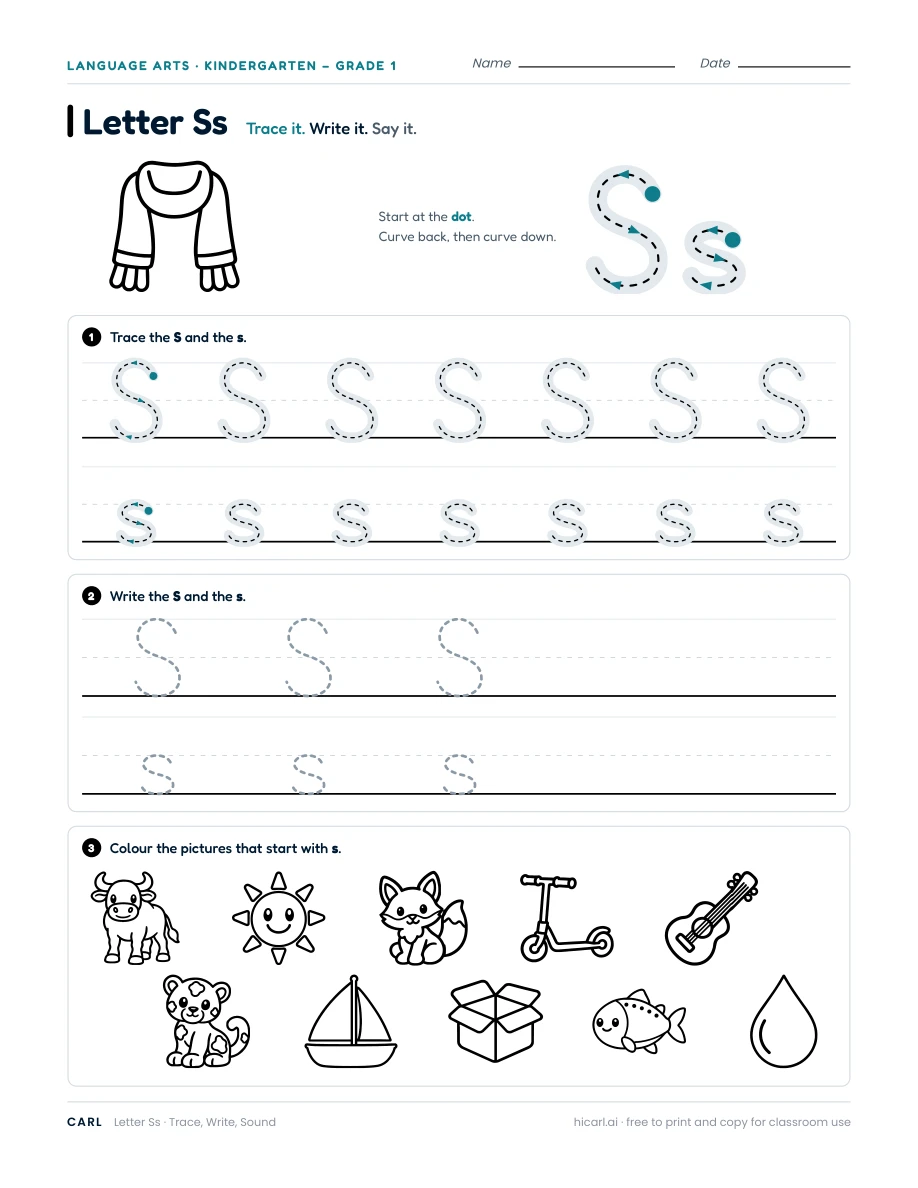 Letter S worksheet — page 1 of 1