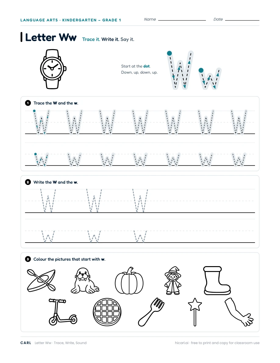 Letter W worksheet — page 1 of 1
