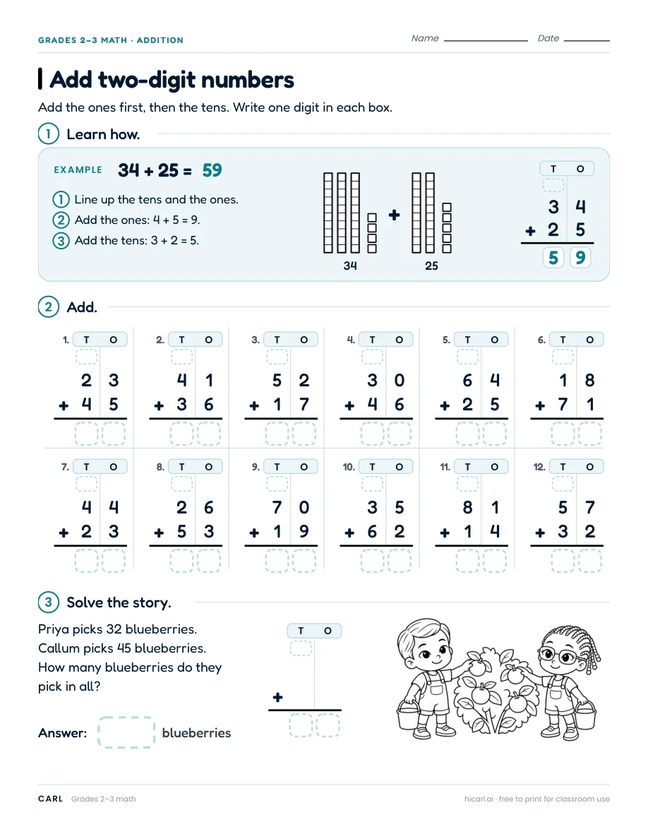 Column addition and subtraction worksheets preview