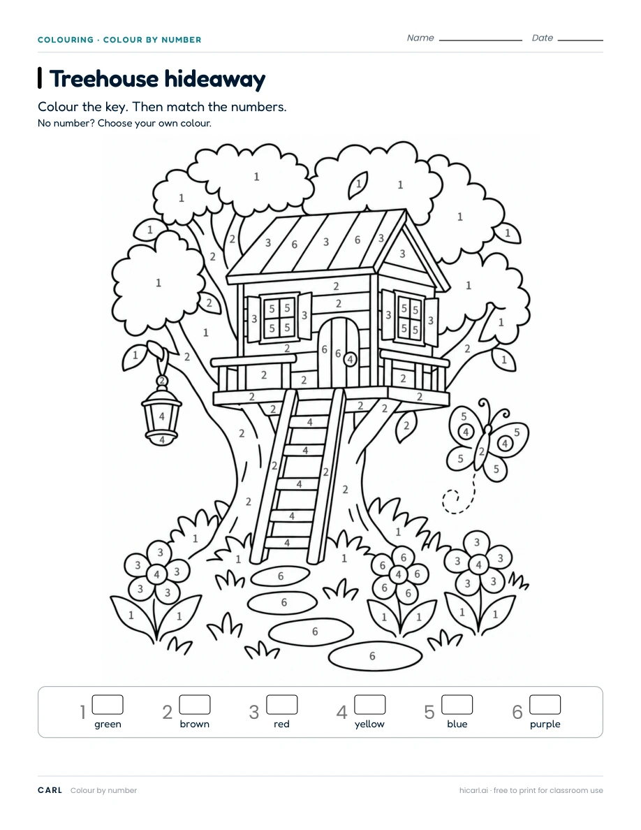 Colour by number: treehouse hideaway worksheet preview