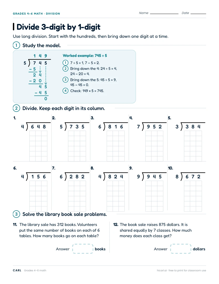 Divide 3-digit by 1-digit worksheet preview