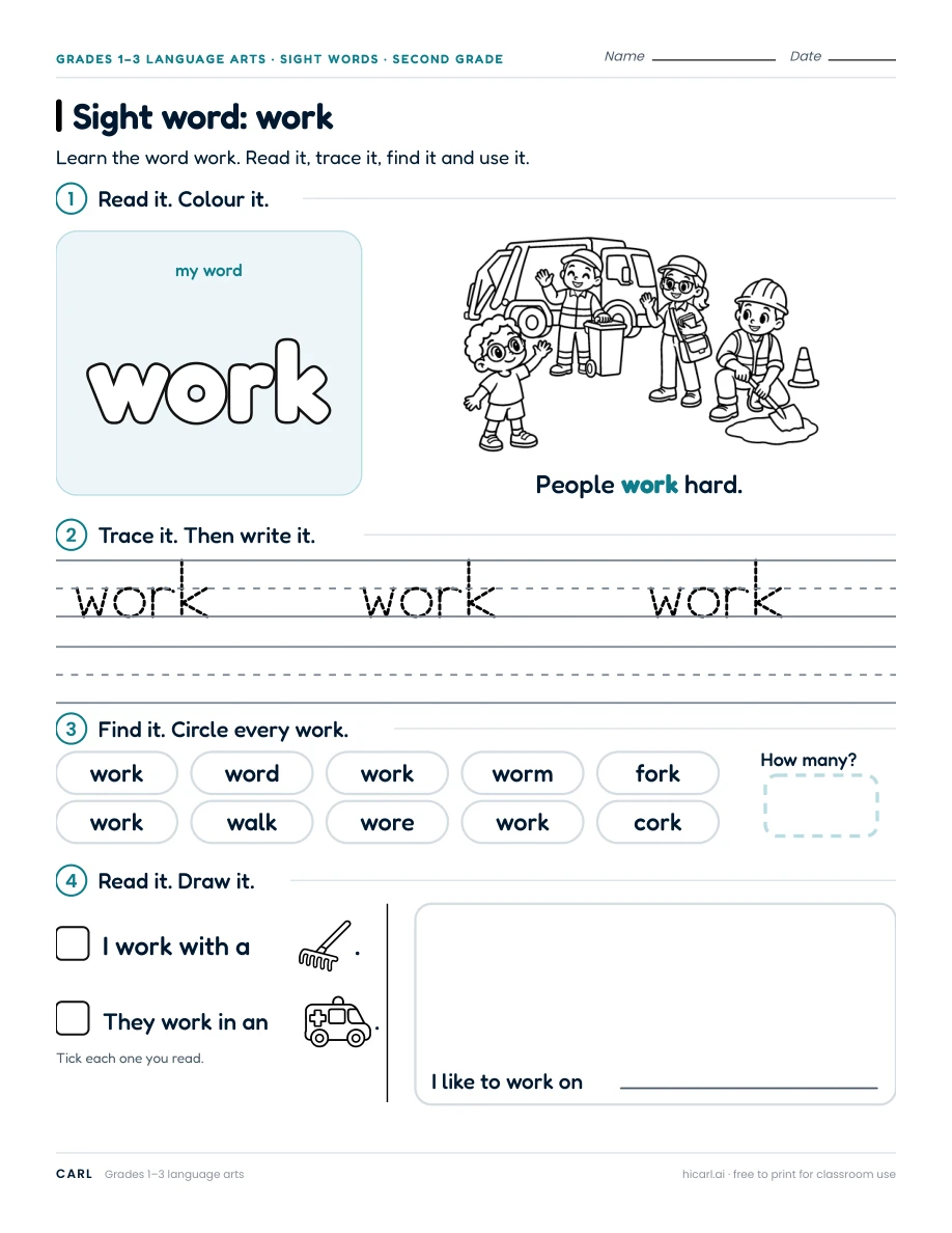 Sight word: work preview