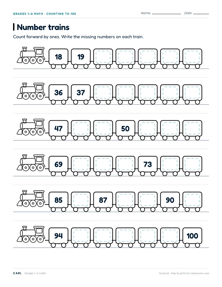 Number trains worksheet preview