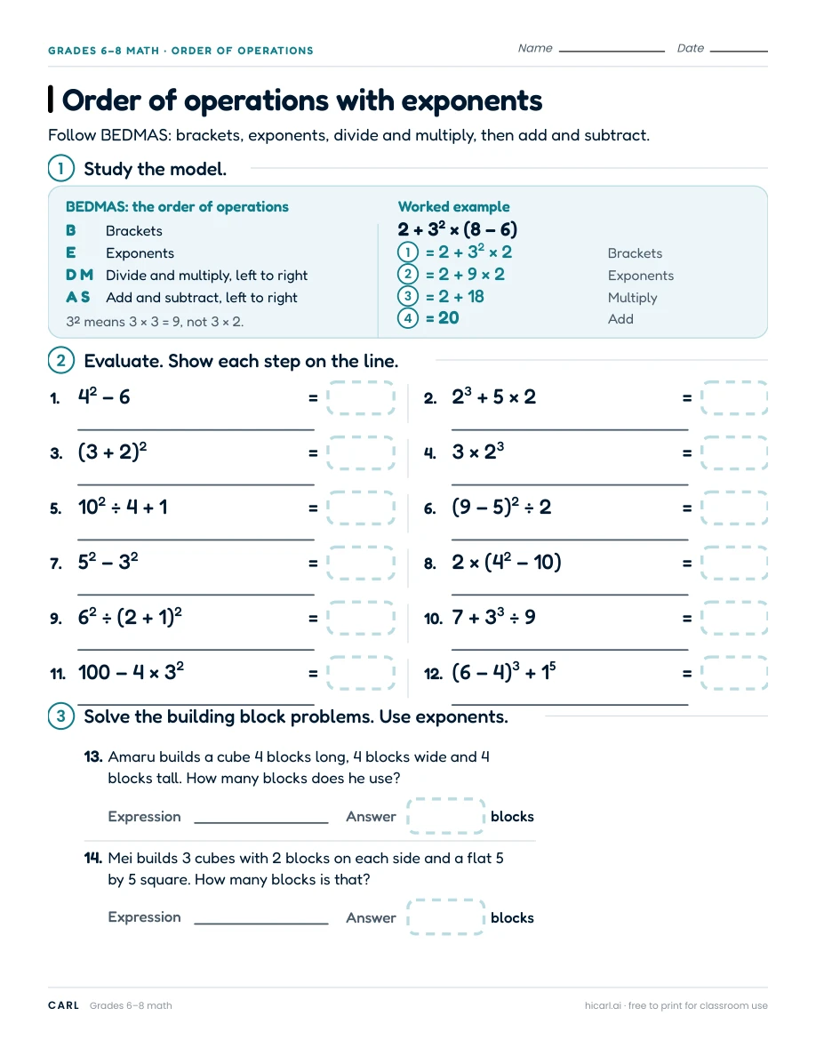 Order of operations with exponents worksheet preview