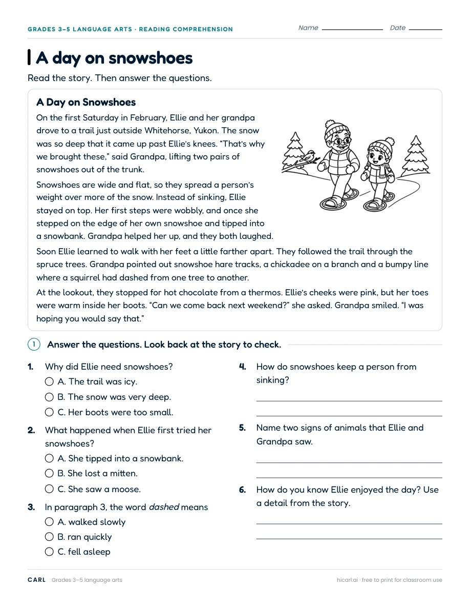 A day on snowshoes worksheet preview