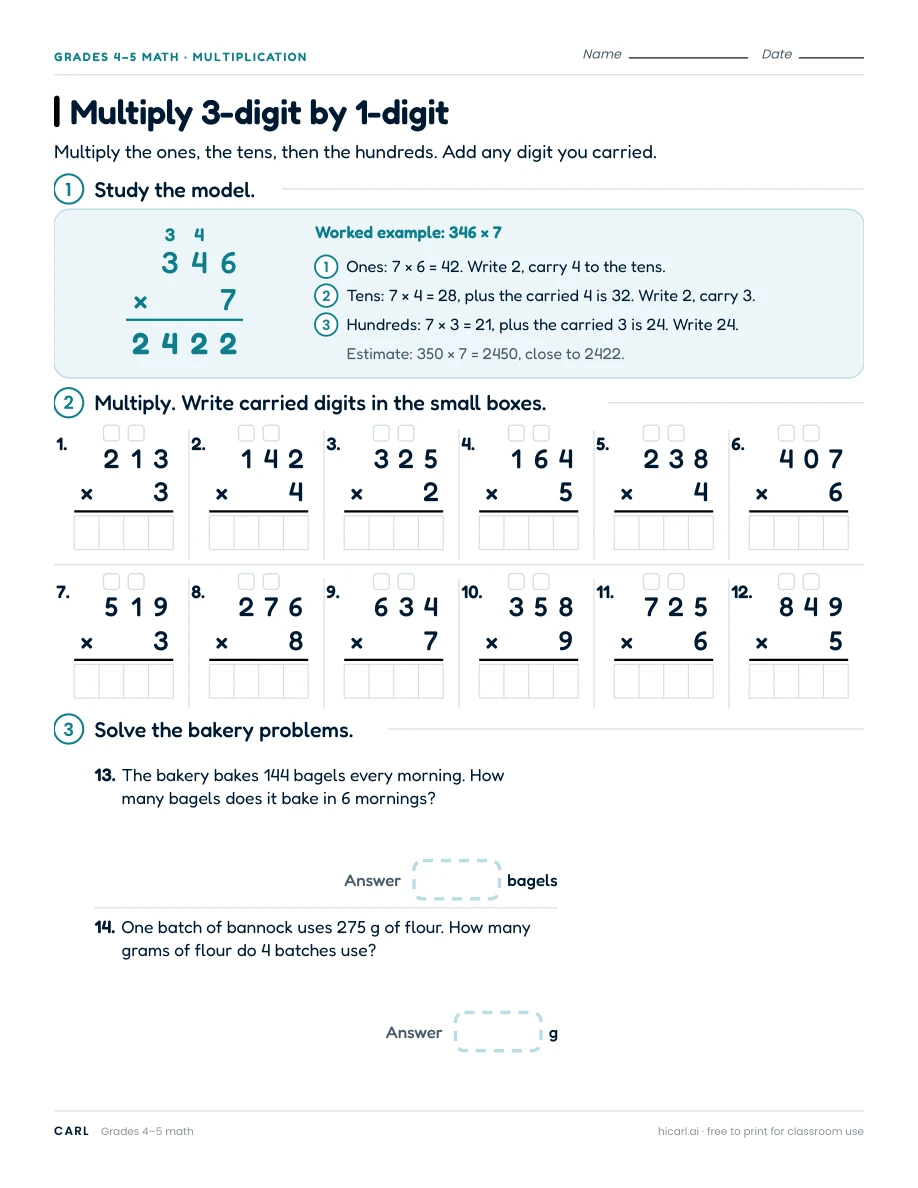 Multiply 3-digit by 1-digit worksheet preview