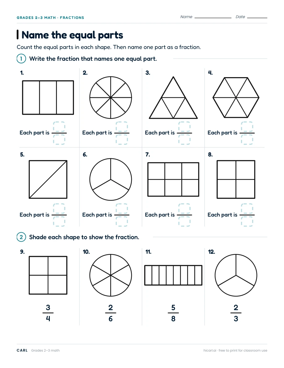 Name the equal parts worksheet preview