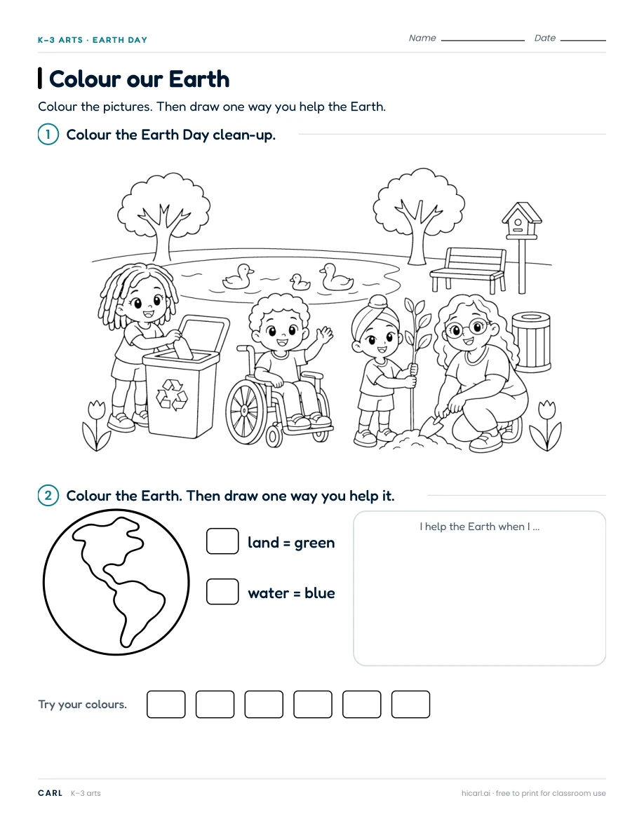 Colour our Earth worksheet preview