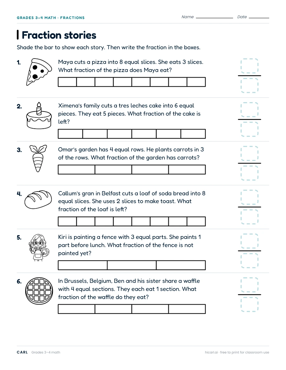 Equal parts and fraction model worksheets preview