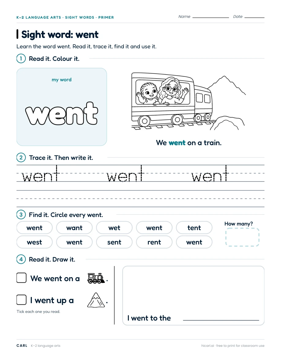 Sight word: went preview